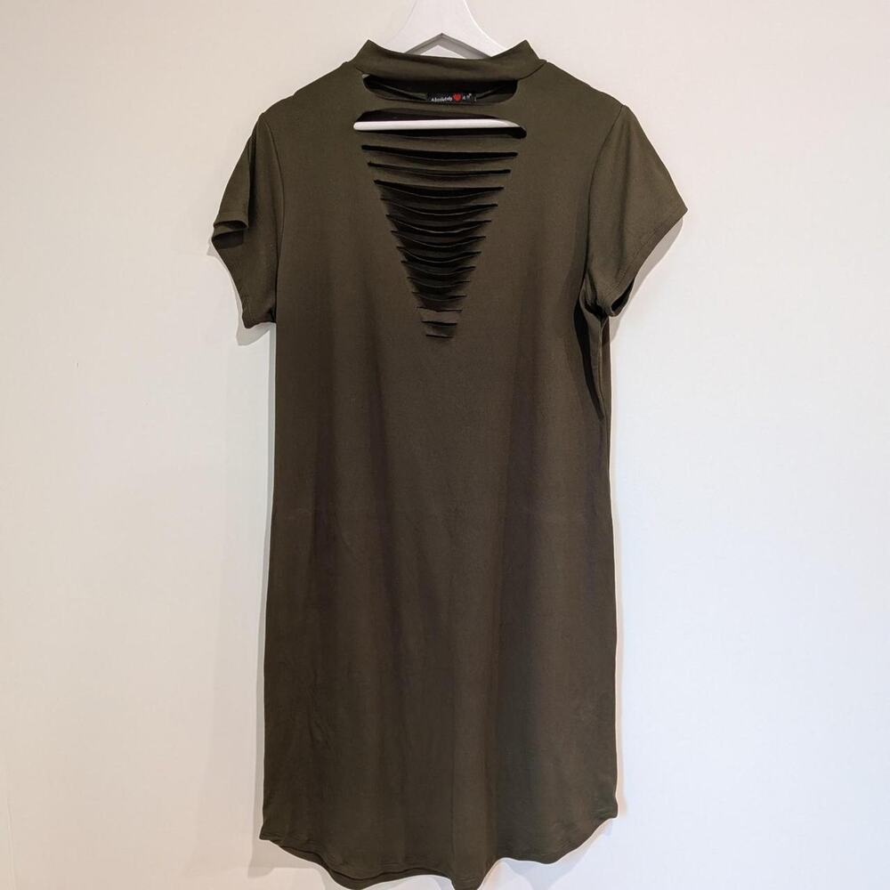 Olive Green Fitted Mini T-Shirt Dress – Deep V Cutout Going Out Y2K Bodycon